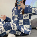 White With Blue doraemon printed pajama set for women breathable night dress.