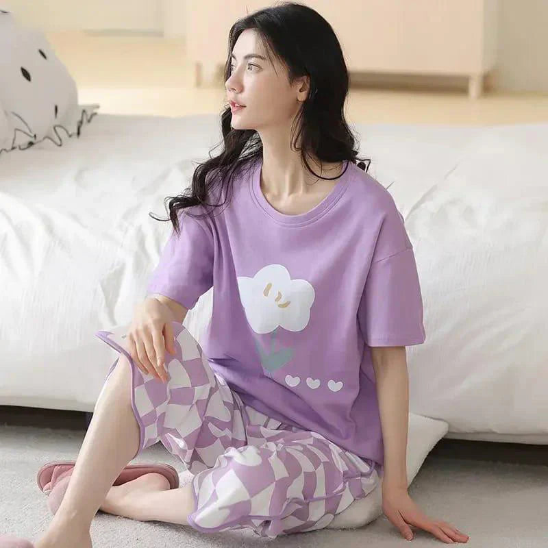 Flower Printed Purple Night Suit