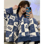 White With Blue doraemon V-neck printed pajama set for women breathable night dress.
