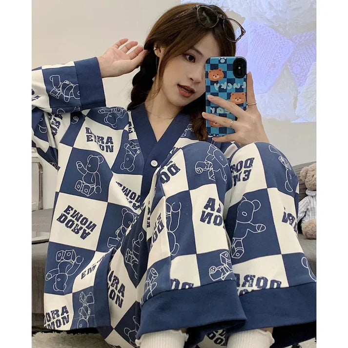 White With Blue doraemon V-neck printed pajama set for women breathable night dress.