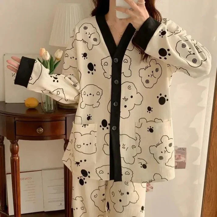 premium Cream With Black ladies nightwear soft fabric pajama set