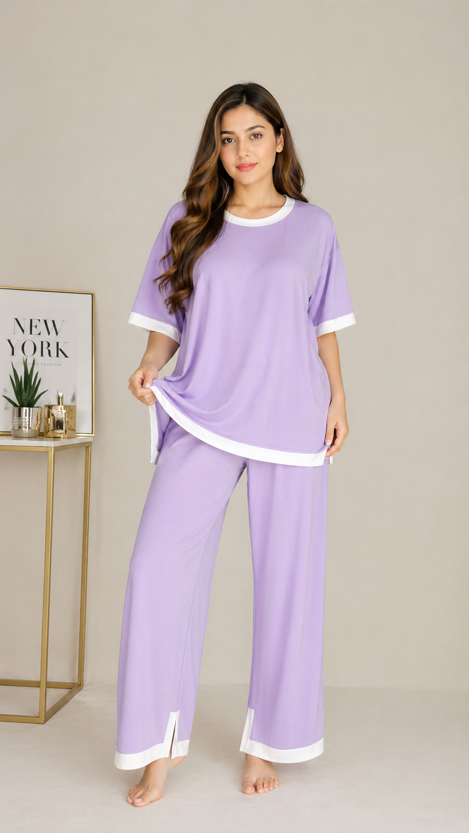 Purple White Round Neck Plazzo PJ Set