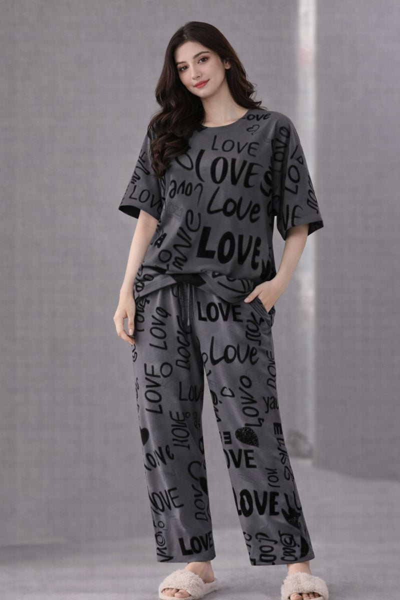 Charcoal love Printed Night Suit
