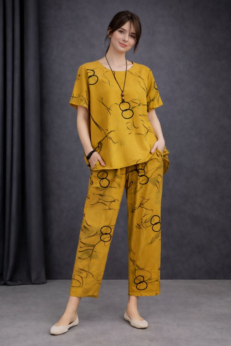Yellow Ring Printed Capri Night Suit