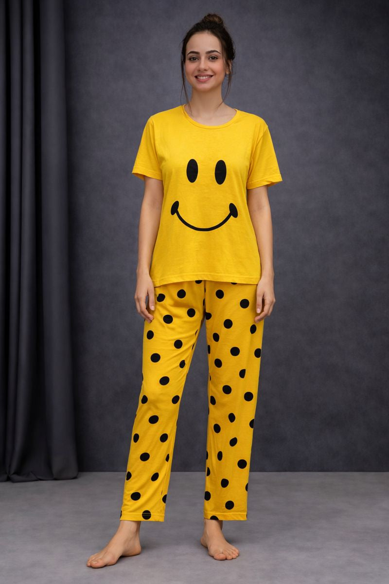 Yellow Smiley Printed Night Suit
