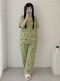 Green Autumn Smiley Button V-Neck Printed Night Suit