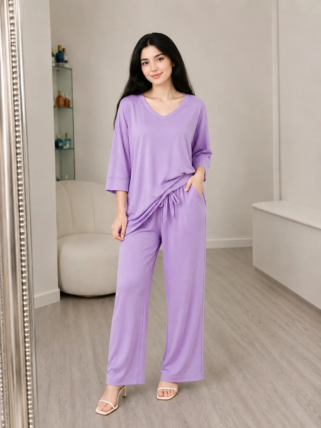 Purple V-Neck Plazo Night Suit