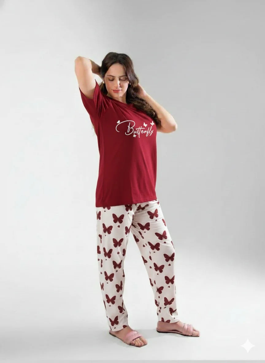 women meroon small butterfly printed night suit soft cotton comfortable sleepwear set