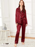 Maroon plain silk night suit for women premium satin pajama set sleepwear