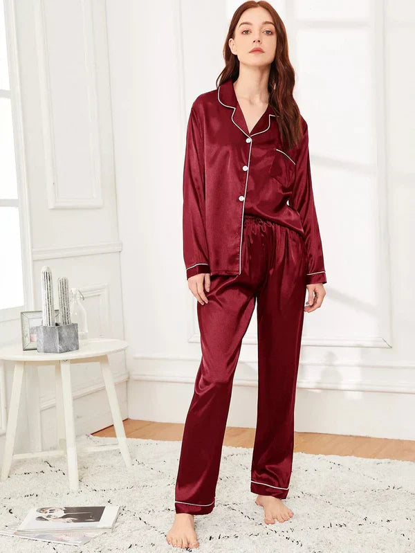 Maroon plain silk night suit for women premium satin pajama set sleepwear