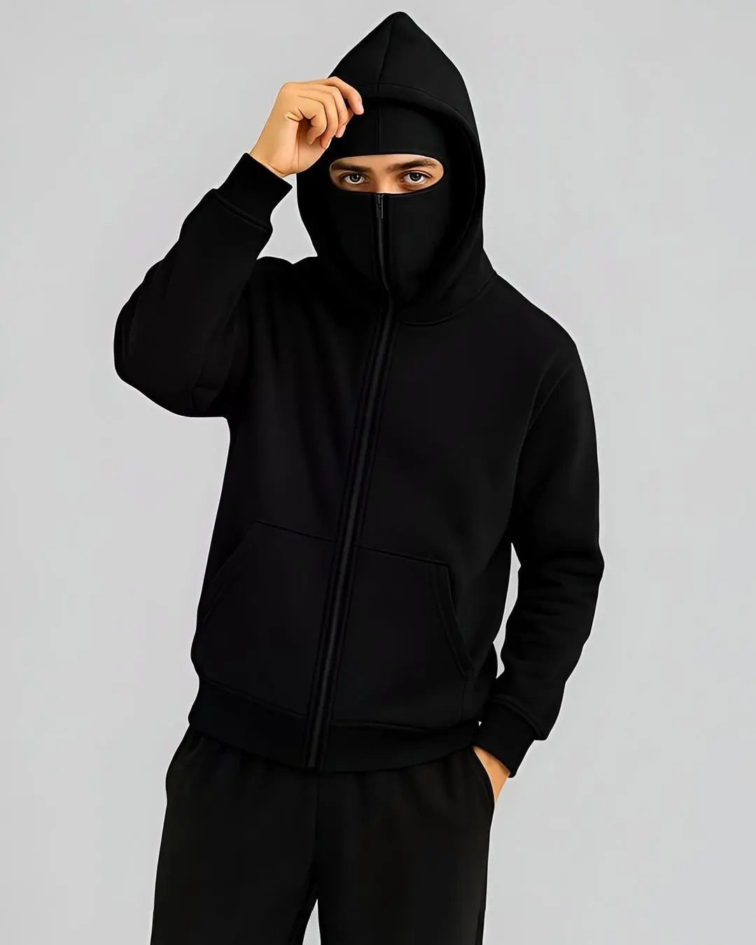 Men Balaclava Ninja Zipper Hoodie – Black