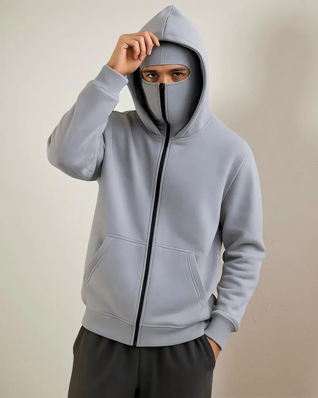 Men’s Balaclava Ninja Zipper Hoodie – Grey