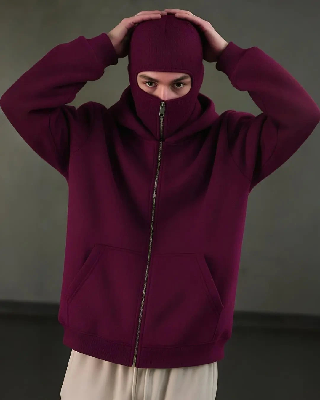 Men’s Balaclava Ninja Zipper Hoodie – Maroon