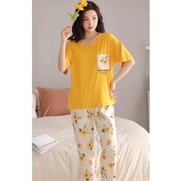 Pocket Flower Mustard Night Suit