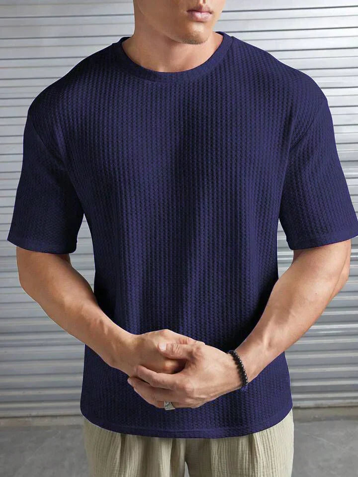 Oversized Waffle Knit Tee For Men - Navyblue