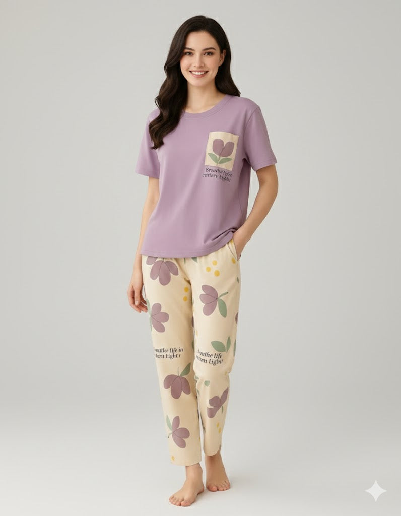 Purple Pocket Flower Print Night Suit