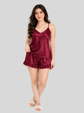 Ruby Maroon Satin Frill Cami Short Set