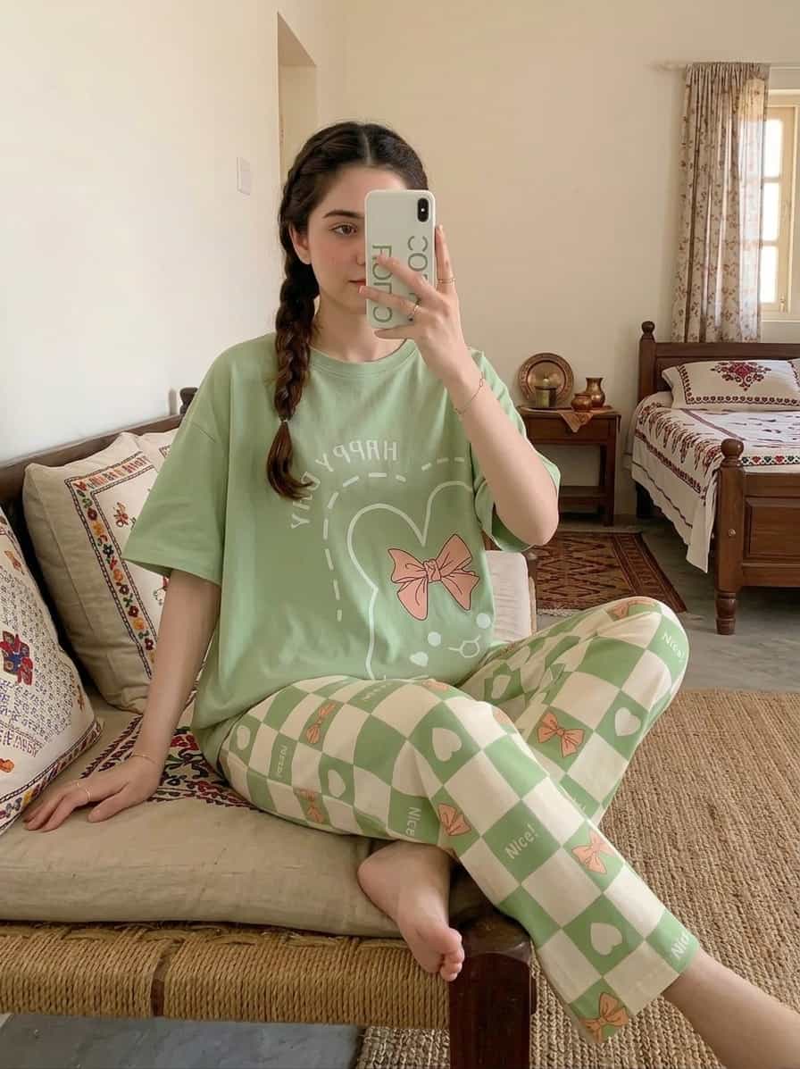 Olive Green printed Night Suit