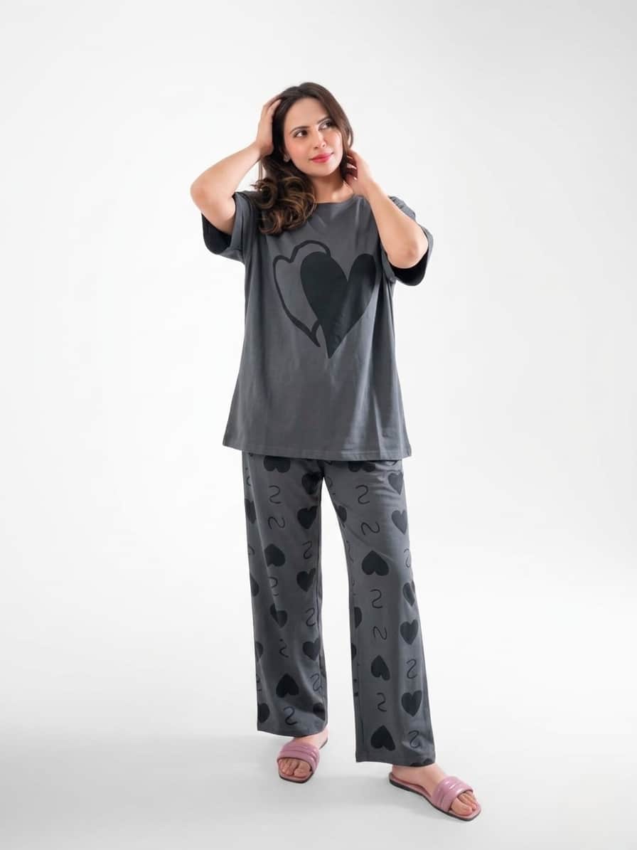 Double Heart Printed Full Sleeve Night Suit