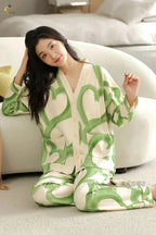 elegant Green Hearts Printed night suit for women daily wear sleepwear