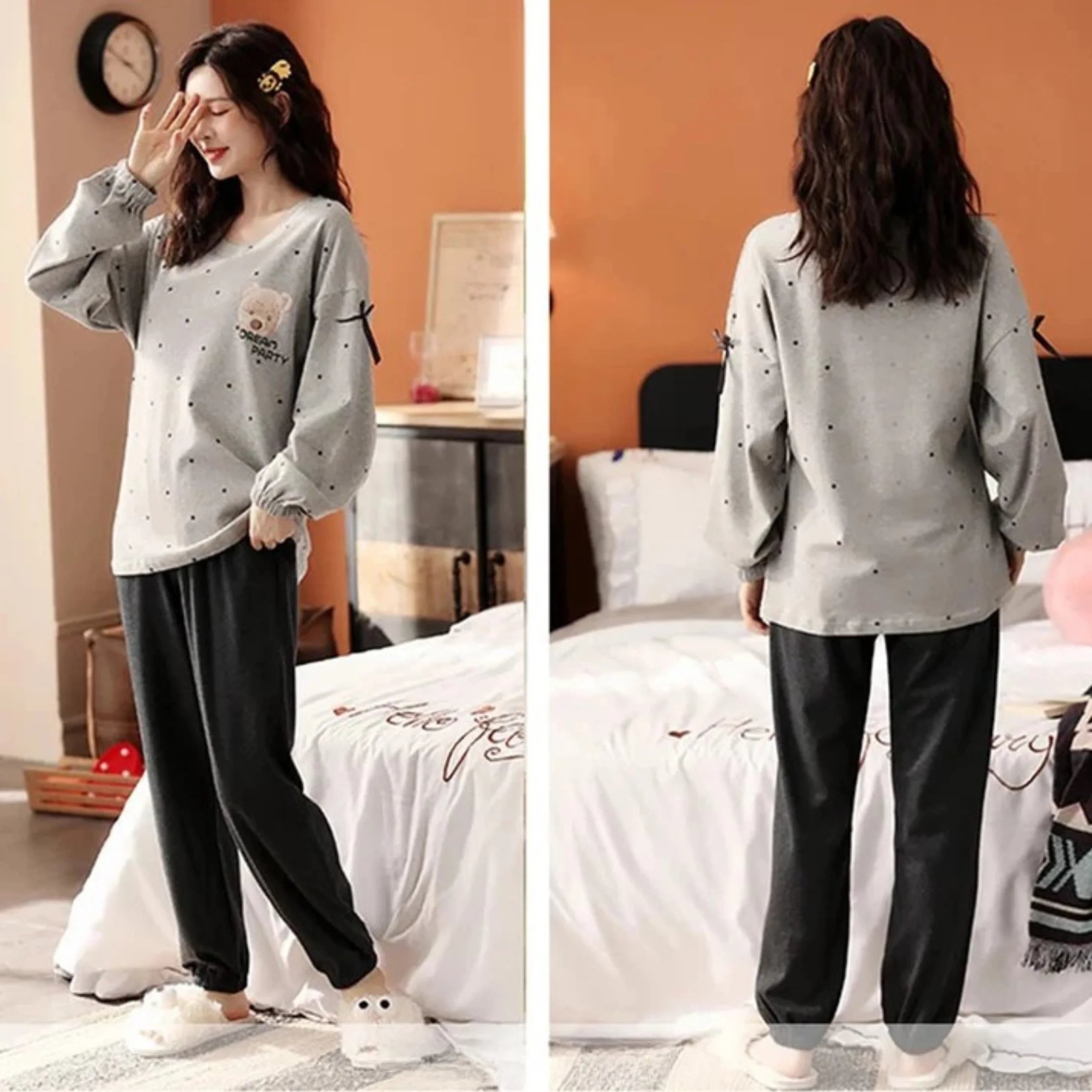 Gray bear Printed Pajama Night Suit