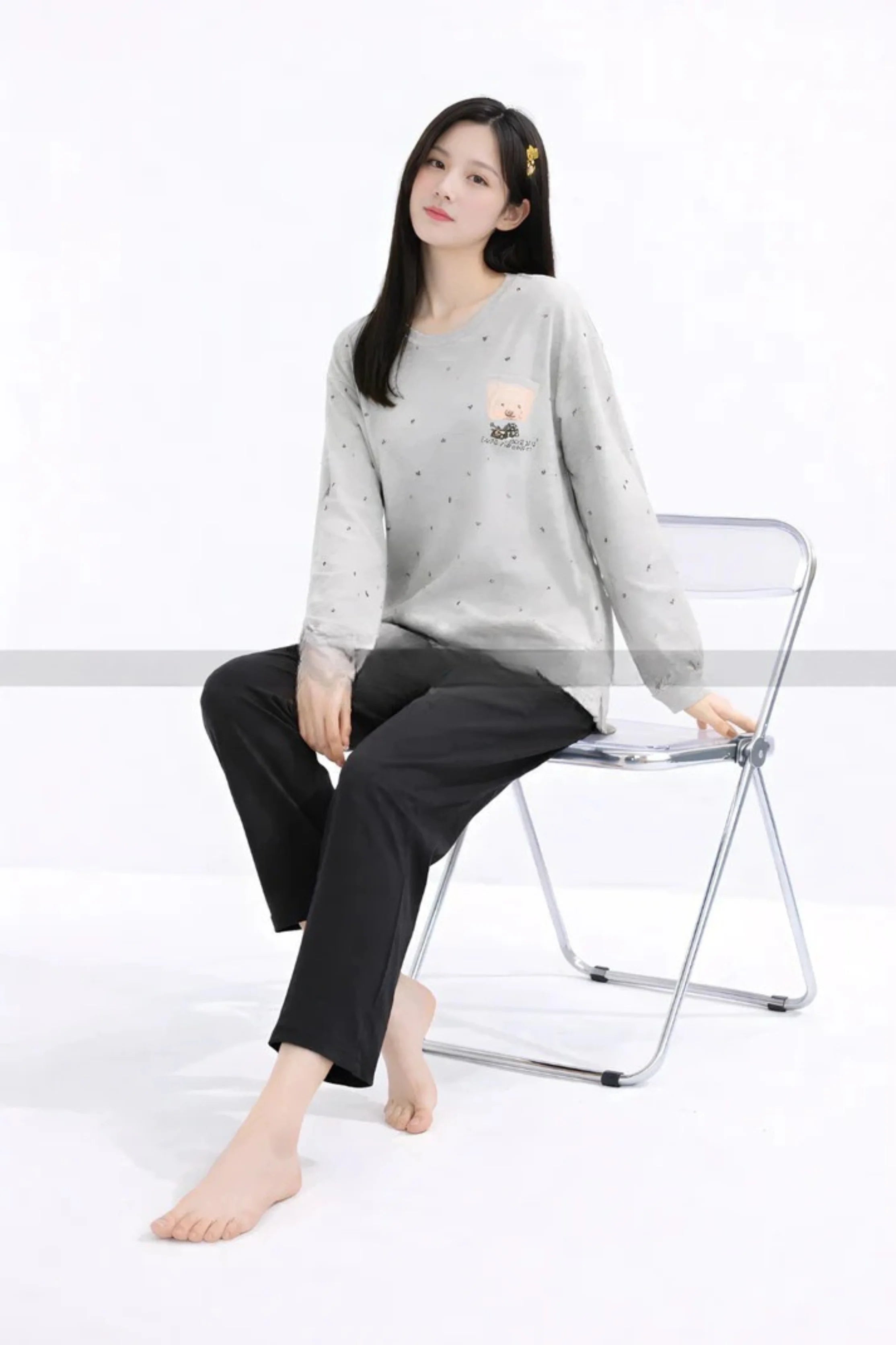 Gray bear Printed Pajama Night Suit