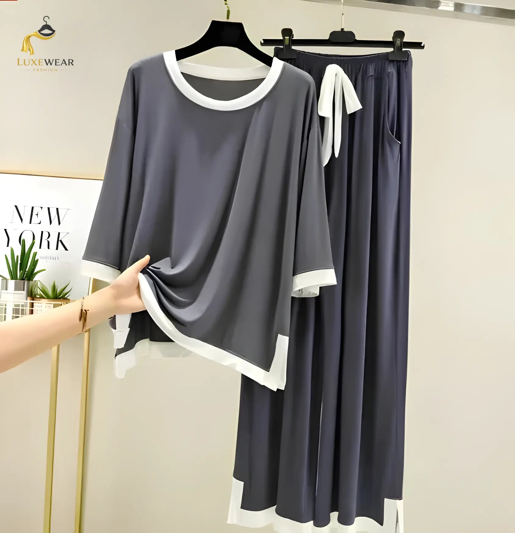 Grey White Round Neck Plazo Night Suit