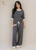 Grey White Round Neck Plazo Night Suit