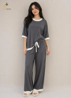 Grey White Round Neck Plazo Night Suit