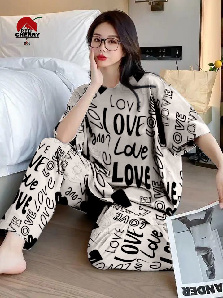 Black Love Print Night Suit