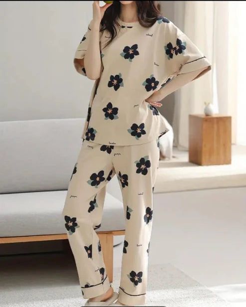 Black Flower Print Night Suit