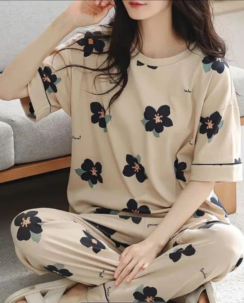 Black Flower Print Night Suit