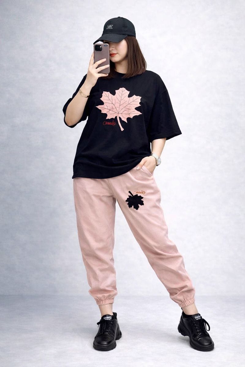 LEAF PRINTED BLACK TRACK SUIT