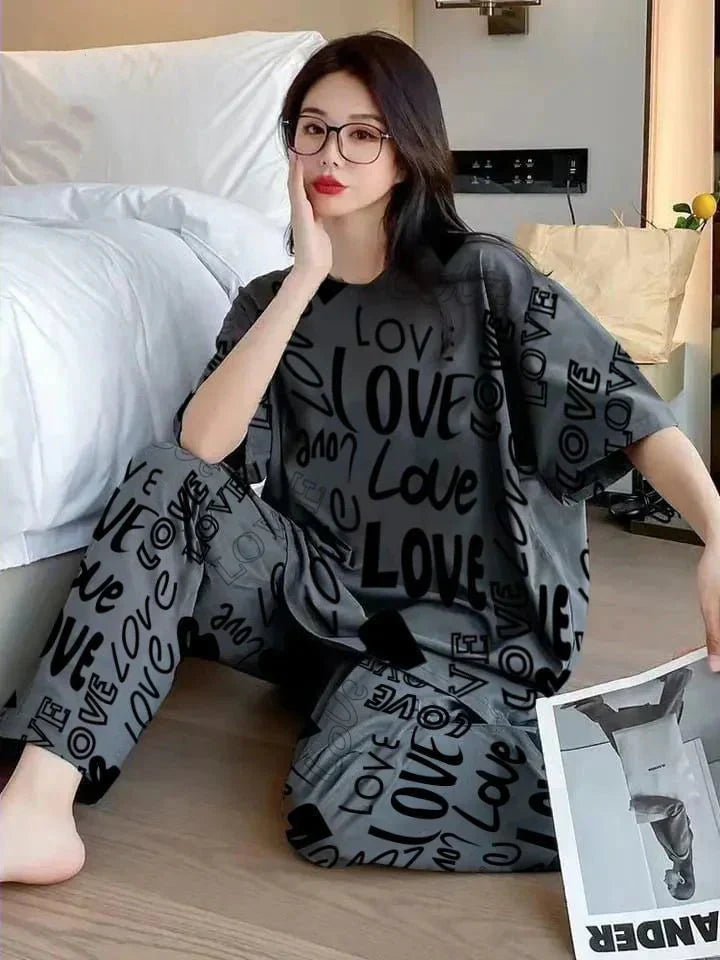Charcoal love Printed Night Suit