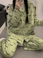 women comfortable Green Autumn printed cotton pajama set nightwear
